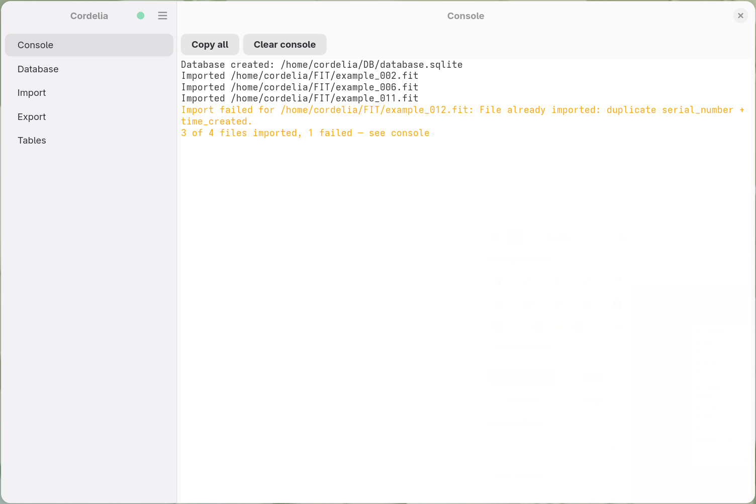 The Cordelia console panel after an import, listing each imported file, an orange line
        for one that was rejected as a duplicate, and a final summary reading 3 of 4 files imported,
        with Copy all and Clear console buttons above the log.