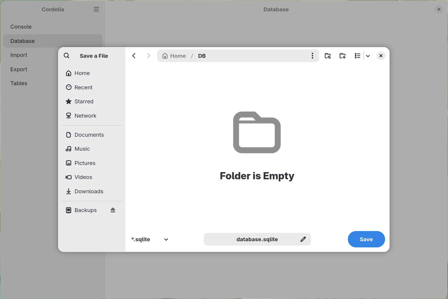 A save-file dialog set to the .sqlite extension, naming a new database
        database.sqlite inside a DB folder.