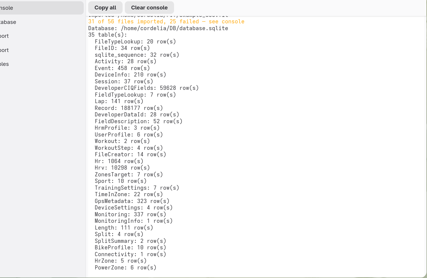 Console output listing all 35 tables in a Cordelia database and their row counts, from
        FileTypeLookup down to PowerZone.