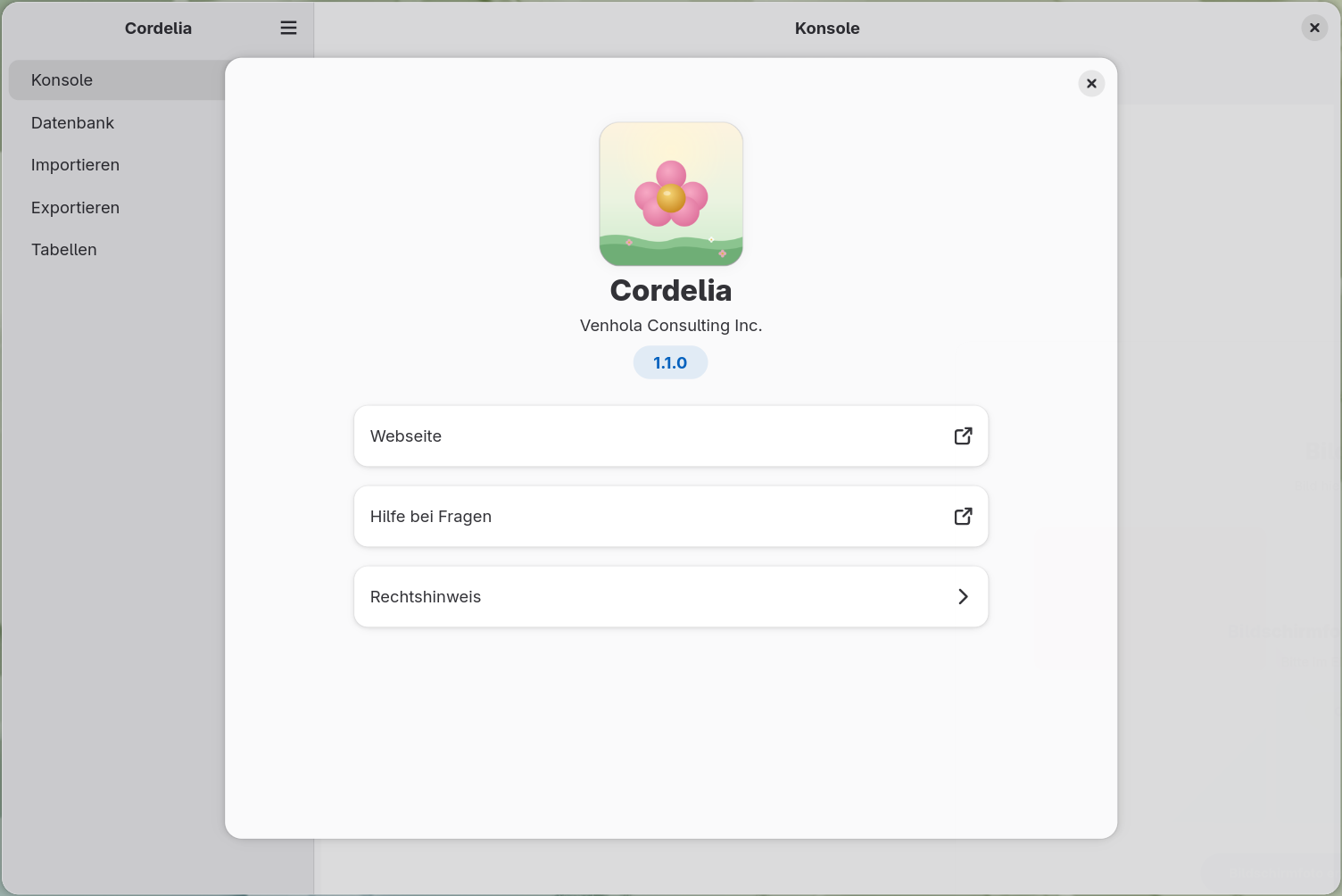 Der Dialog Über Cordelia mit dem Cordelia-Symbol, dem Anwendungsnamen, dem Herausgeber,
        der Versionsnummer sowie den Zeilen Website, Support-Fragen und Rechtliches.