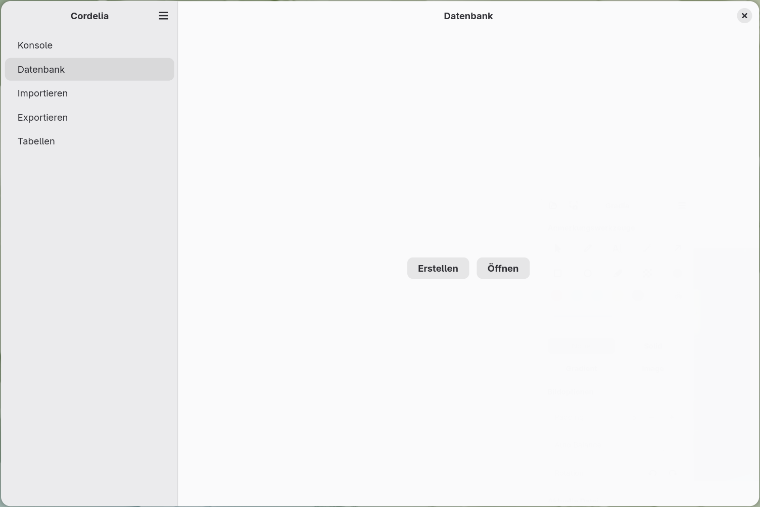 Das Datenbankfeld ohne geöffnete Datenbank, mit den Schaltflächen Erstellen und
        Öffnen.