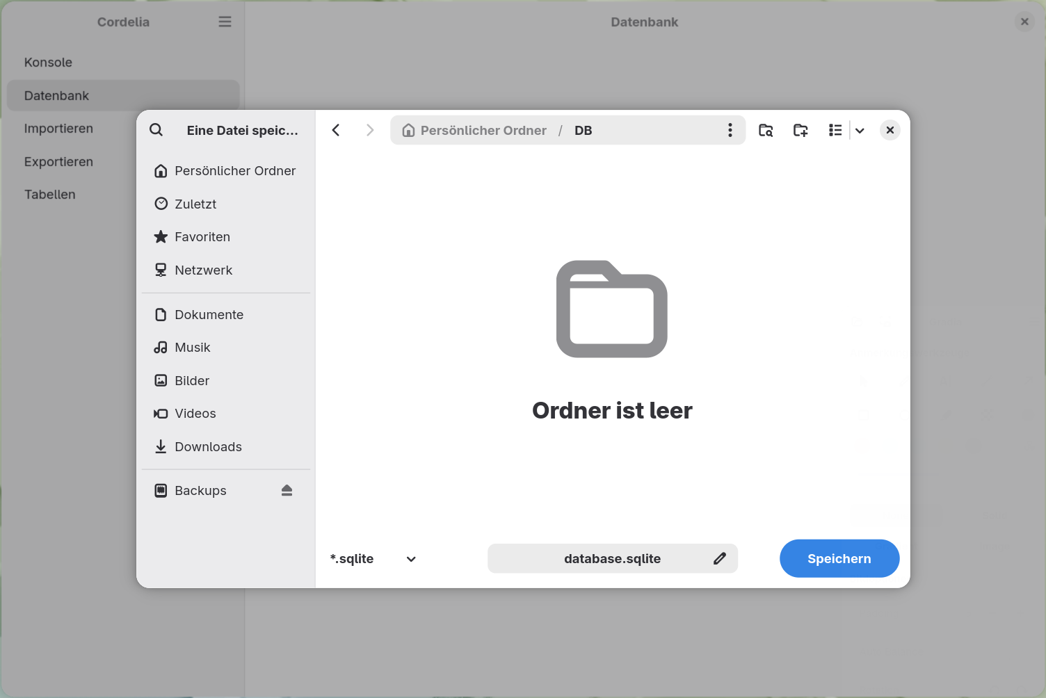 Ein Dialog zum Speichern von Dateien, eingestellt auf die Erweiterung .sqlite, mit dem Namen
        einer neuen Datenbank database.sqlite in einem noch leeren Ordner DB.