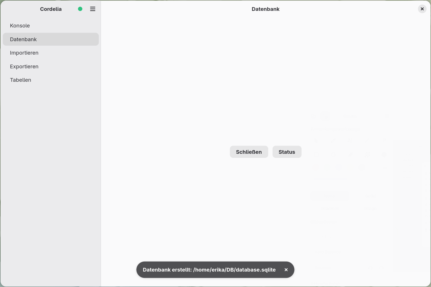 Das Datenbankfeld nach der Erstellung, jetzt mit einer grünen
        Anzeige für eine geöffnete Datenbank neben dem Anwendungsnamen und den Schaltflächen
        Schließen/Status anstelle von Erstellen/Öffnen.