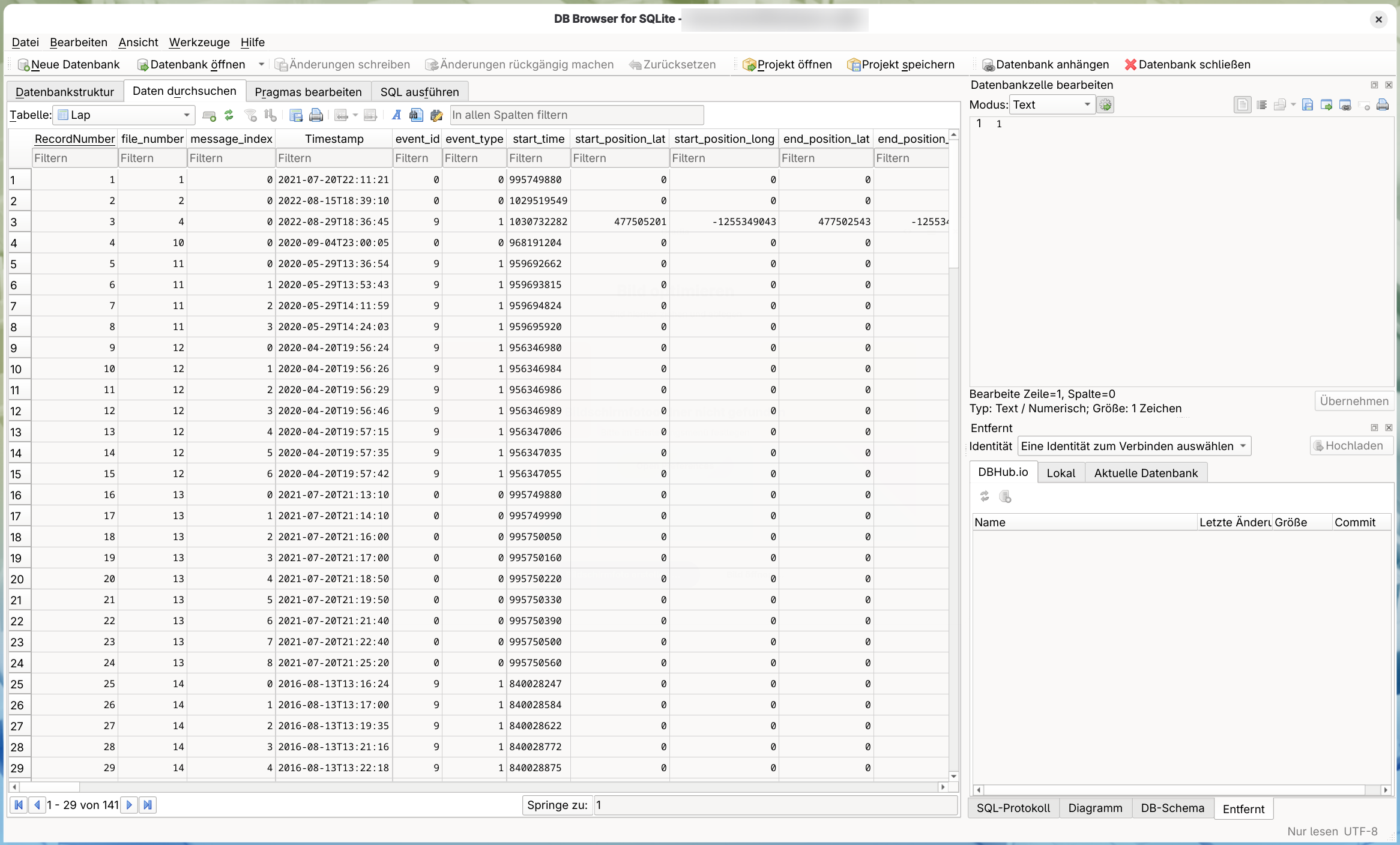 DB Browser for SQLite geöffnet mit einer Cordelia-Datenbank, die Tabelle Activity
      durchsuchend, mit der Zelle total_timer_time einer ausgewählten Zeile geöffnet zur
      Bearbeitung im Bereich Edit Database Cell. Screenshot einer Drittanbieter-Komponente;
      unabhängig von Cordelias Sprache.
