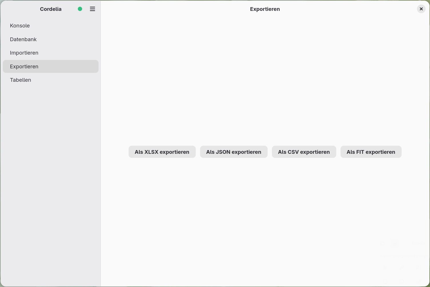 Das Exportfeld mit den Schaltflächen Export XLSX, Export JSON, Export CSV und Export
        FIT.