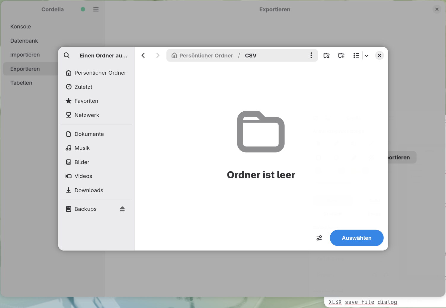 Ein Ordnerauswahl-Dialog für einen CSV-Export-Zielordner.