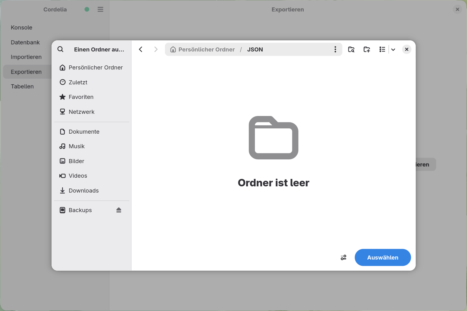 Ein Ordnerauswahl-Dialog für einen JSON-Export-Zielordner.