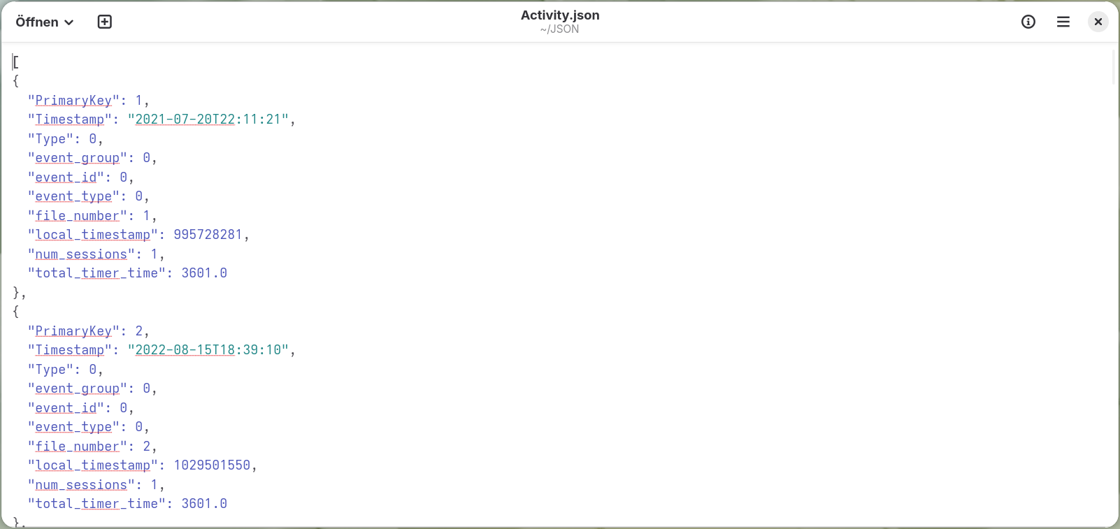 Activity.json geöffnet in einem Texteditor, mit einem Array von Objekten mit Feldern
      wie PrimaryKey, Timestamp und total_timer_time.