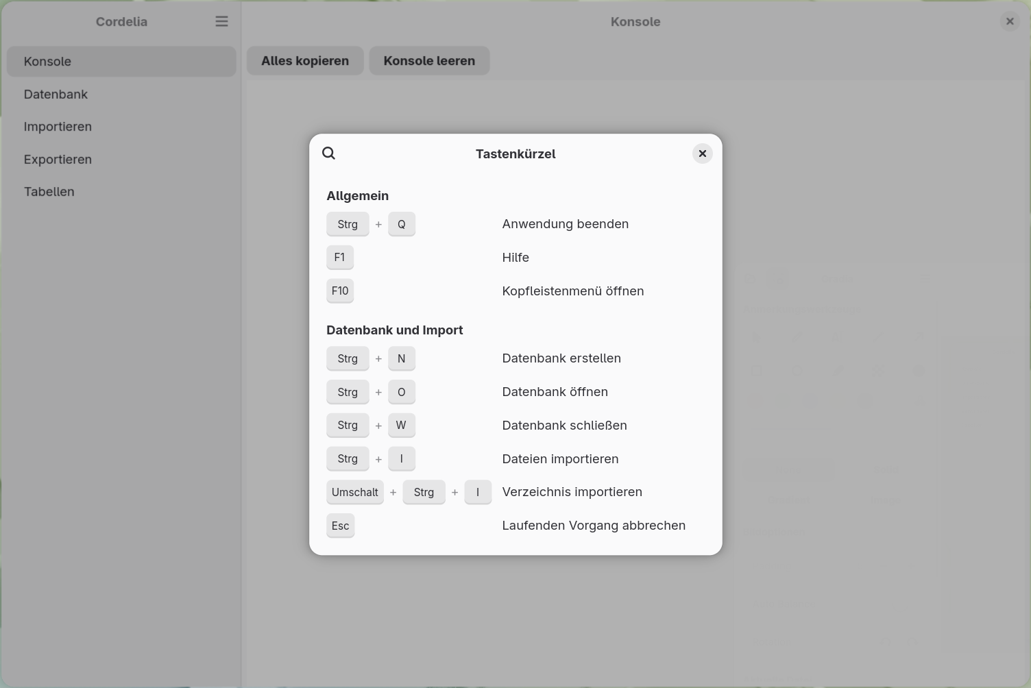 Der Dialog Tastenkombinationen mit den allgemeinen Tastenkombinationen (Beenden,
        Hilfe, Menü der Kopfleiste) und den Tastenkombinationen für Datenbank und Import
        (Erstellen, Öffnen, Schließen, Dateien importieren, Verzeichnis importieren, Abbrechen).