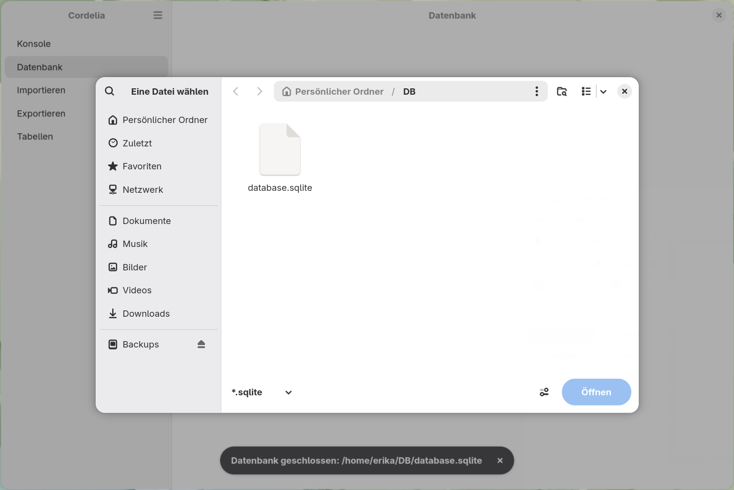 Ein Dialog zum Öffnen von Dateien, gefiltert auf *.sqlite-Dateien, mit dem Ordner DB im
        persönlichen Ordner, in dem database.sqlite aufgeführt aber nicht ausgewählt ist, und einer
        ausgegrauten Schaltfläche Öffnen.