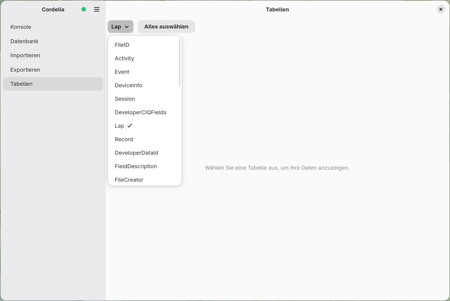 Das geöffnete Auswahlmenü für Tabellen, mit Tabellen wie FileID, Activity, Event, DeviceInfo und
        Session; das Feld dahinter fordert weiterhin zur Auswahl einer Tabelle auf.
