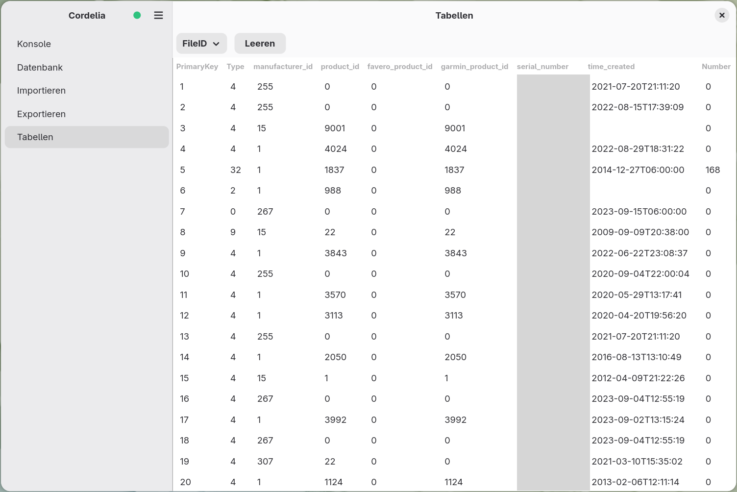 Die Tabelle FileID im Tabellenfeld, mit Spalten wie PrimaryKey, Type,
        manufacturer_id, serial_number und time_created.
