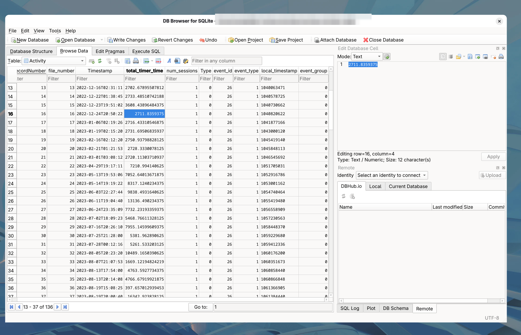 DB Browser for SQLite open on a Cordelia database, browsing the Activity table with the
      total_timer_time cell of a selected row open for editing in the Edit Database Cell panel.