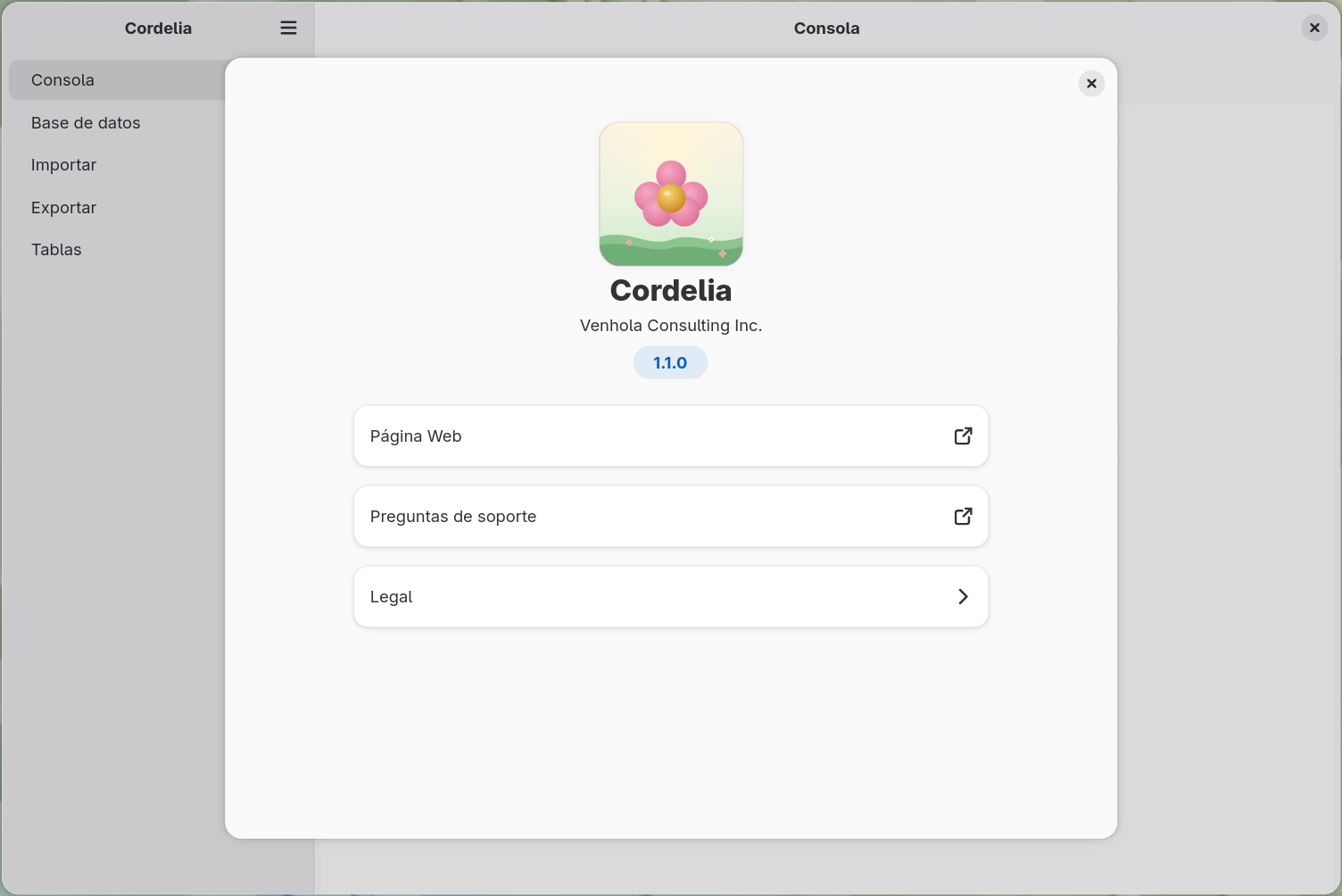 El cuadro de diálogo Acerca de Cordelia, con el icono de Cordelia, el nombre de la
        aplicación, el editor, el número de versión y las filas Sitio web, Preguntas de soporte y
        Legal.