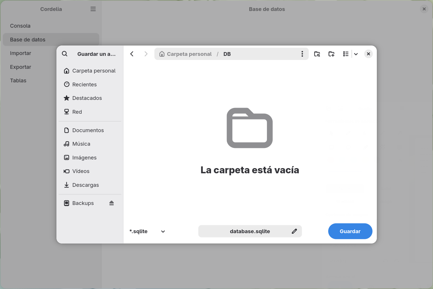 Un cuadro de diálogo para guardar archivos configurado con la extensión .sqlite, nombrando una
        nueva base de datos database.sqlite dentro de una carpeta DB todavía vacía.