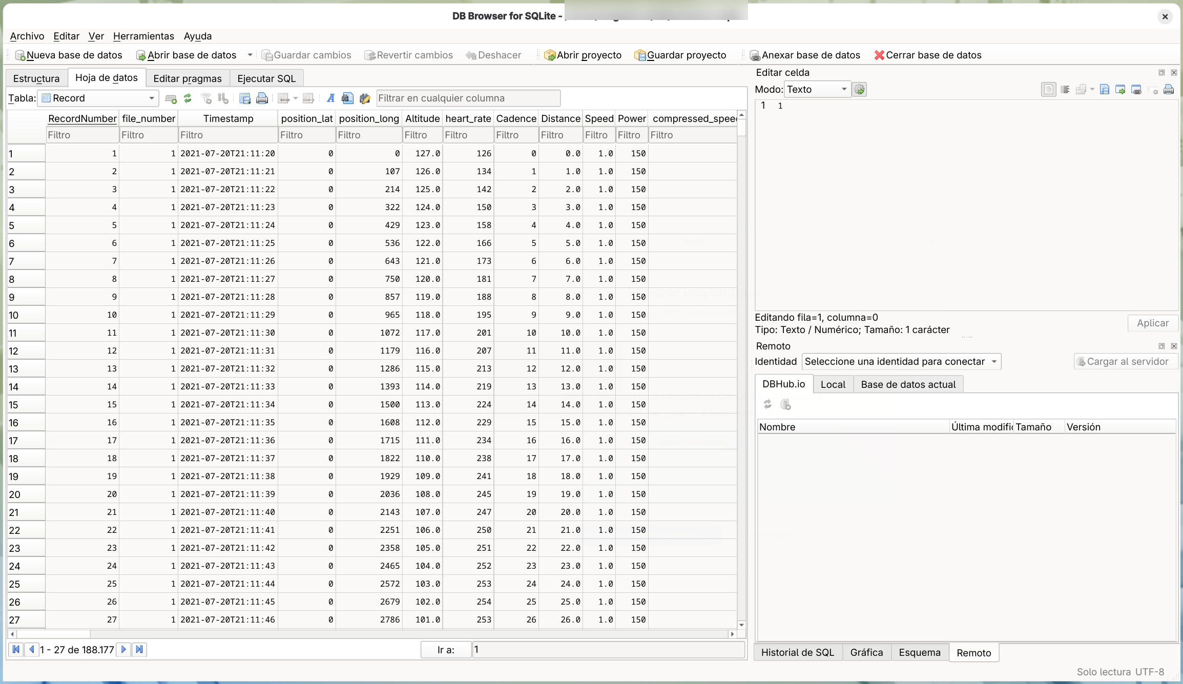 DB Browser for SQLite abierto en una base de datos de Cordelia, explorando la tabla
      Activity con la celda total_timer_time de una fila seleccionada abierta para editar en el
      panel Edit Database Cell. Captura de una herramienta de terceros; no depende del idioma de
      Cordelia.