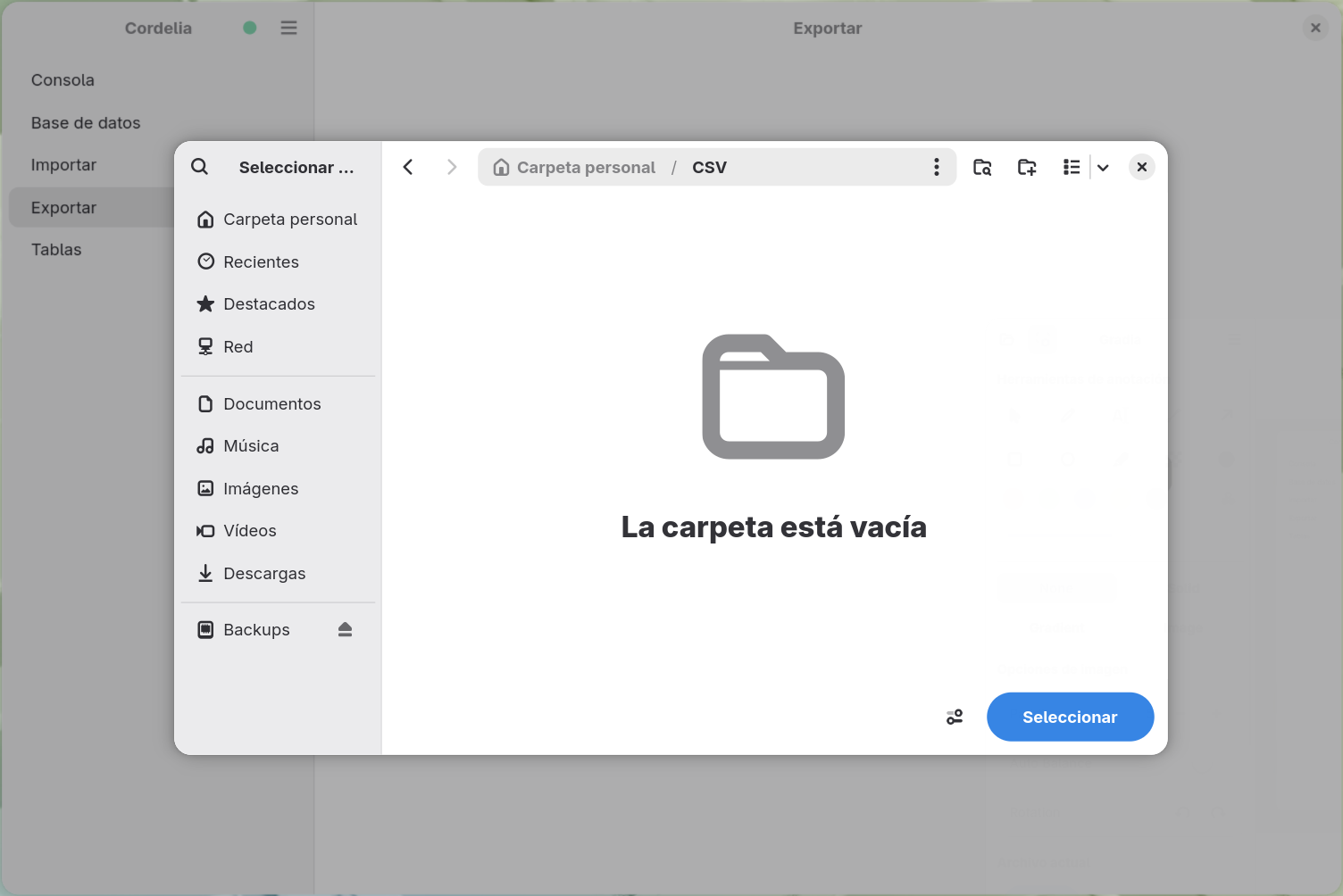 Un cuadro de diálogo de selección de carpeta para el destino de la exportación a CSV.