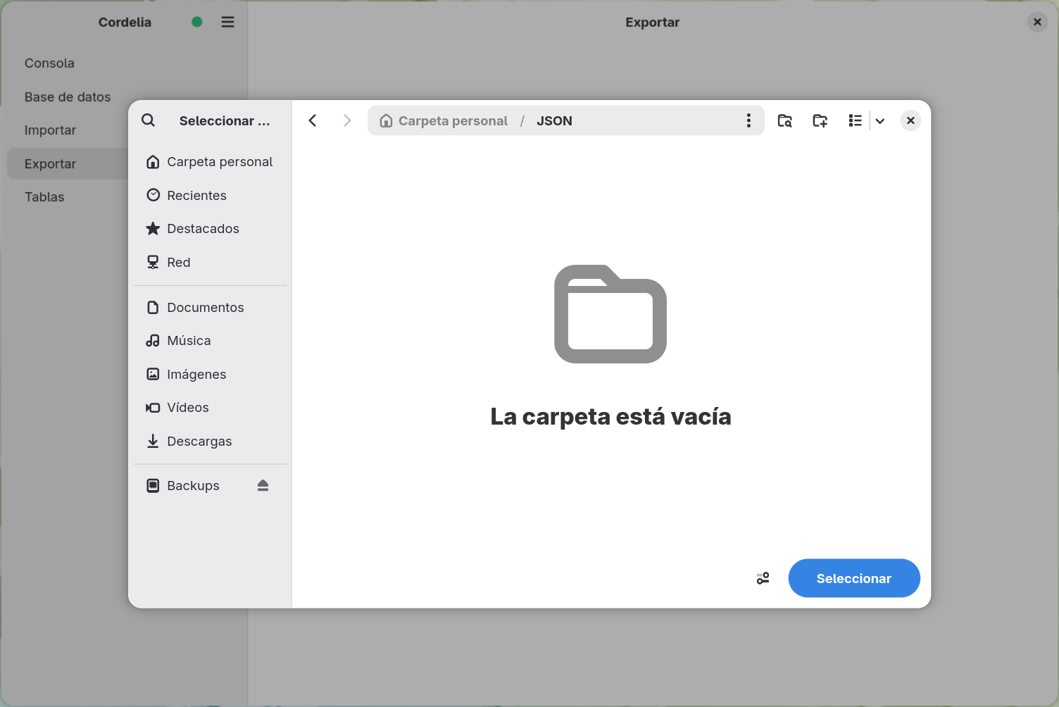 Un cuadro de diálogo de selección de carpeta para el destino de la exportación a JSON.