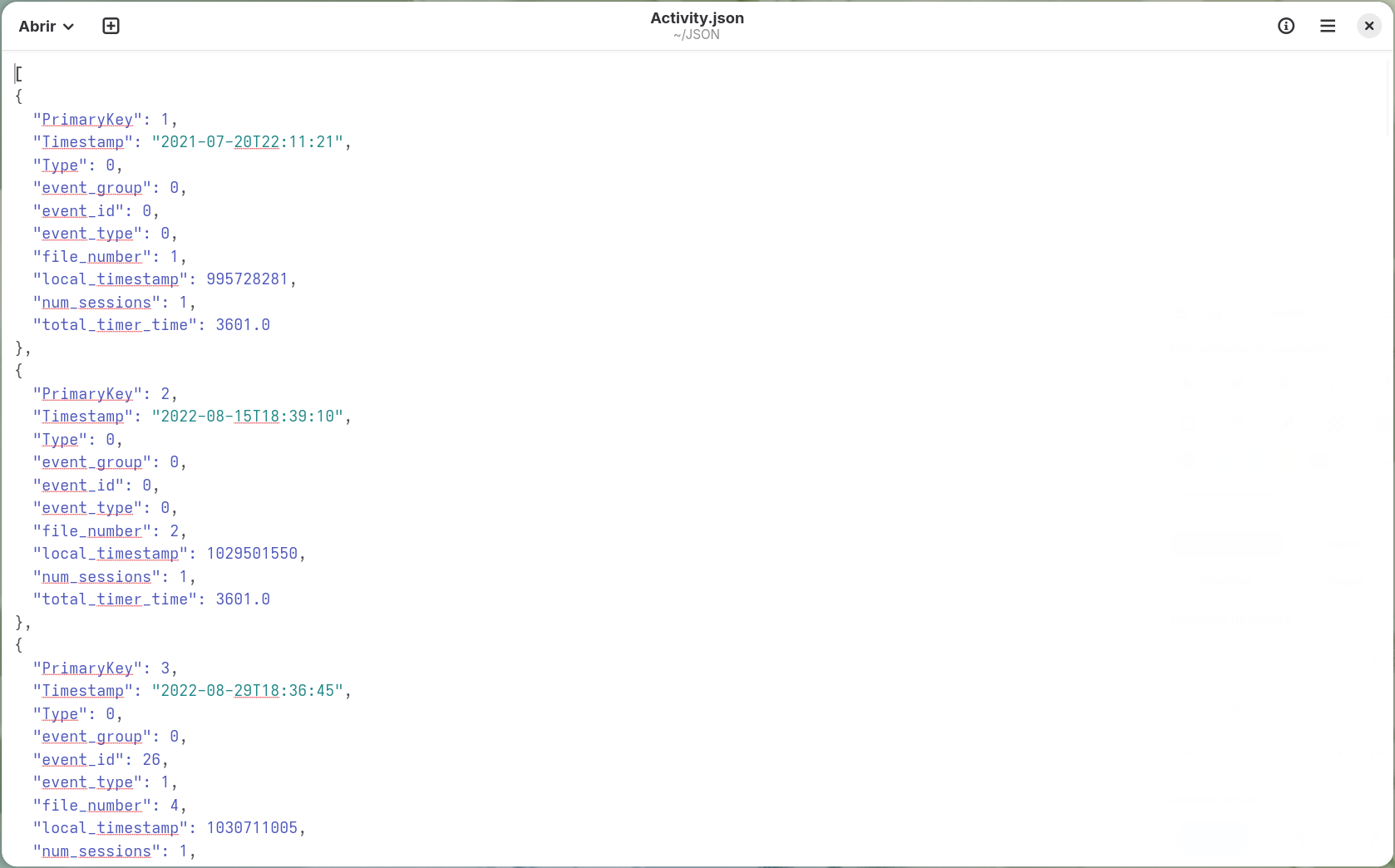 Activity.json abierto en un editor de texto, mostrando una matriz de objetos con
      campos como PrimaryKey, Timestamp y total_timer_time.