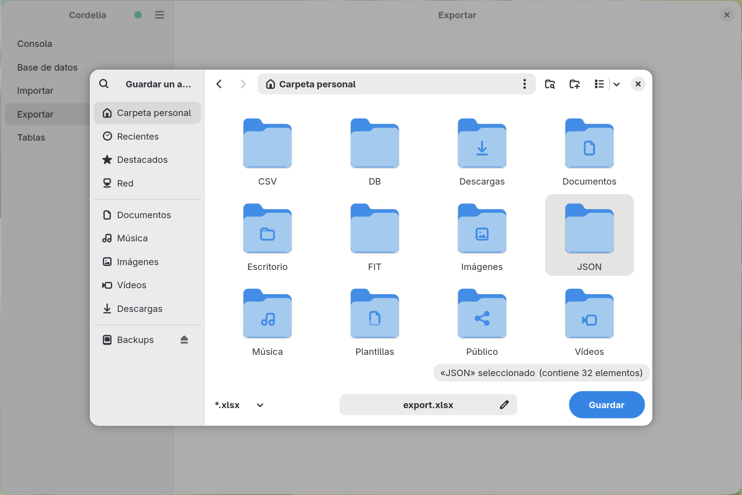 Un cuadro de diálogo para guardar archivos configurado con la extensión .xlsx,
        nombrando un nuevo archivo export.xlsx.