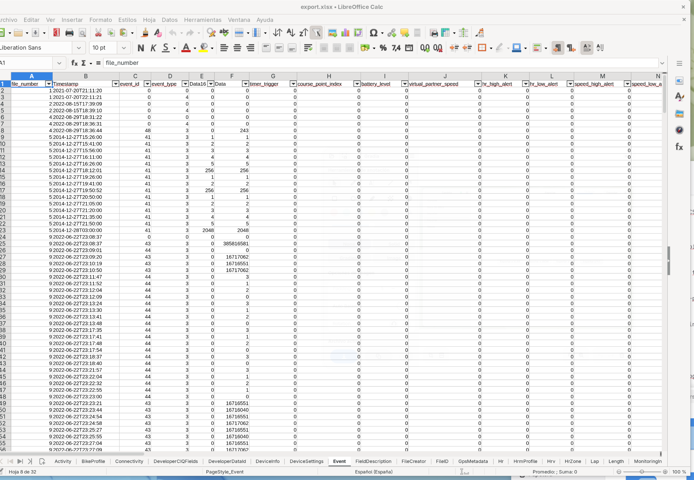 El libro exportado abierto en LibreOffice Calc, mostrando la hoja Event con columnas
      como event_id, event_type y timer_trigger, y una fila de pestañas de hoja en la parte
      inferior para cada tabla.