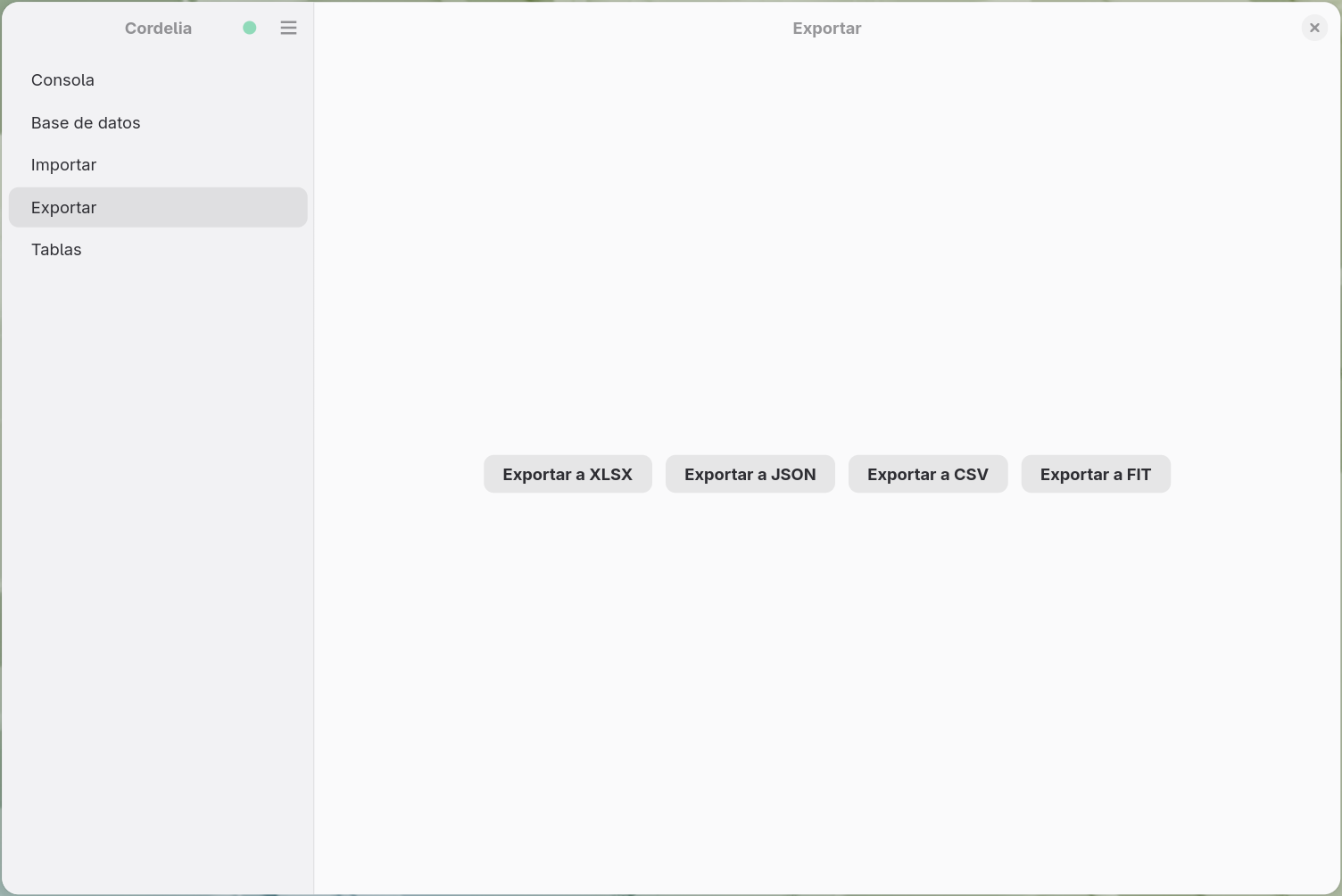 El panel Exportar con los botones Exportar a XLSX, Exportar a JSON, Exportar a CSV y
      Exportar a FIT.