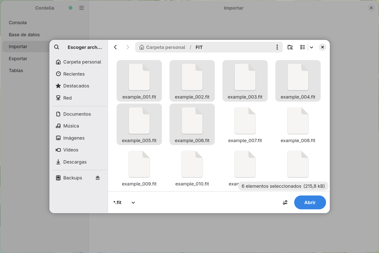 Un cuadro de diálogo de selección de archivos filtrado por *.fit, con seis archivos
        seleccionados dentro de una carpeta FIT.