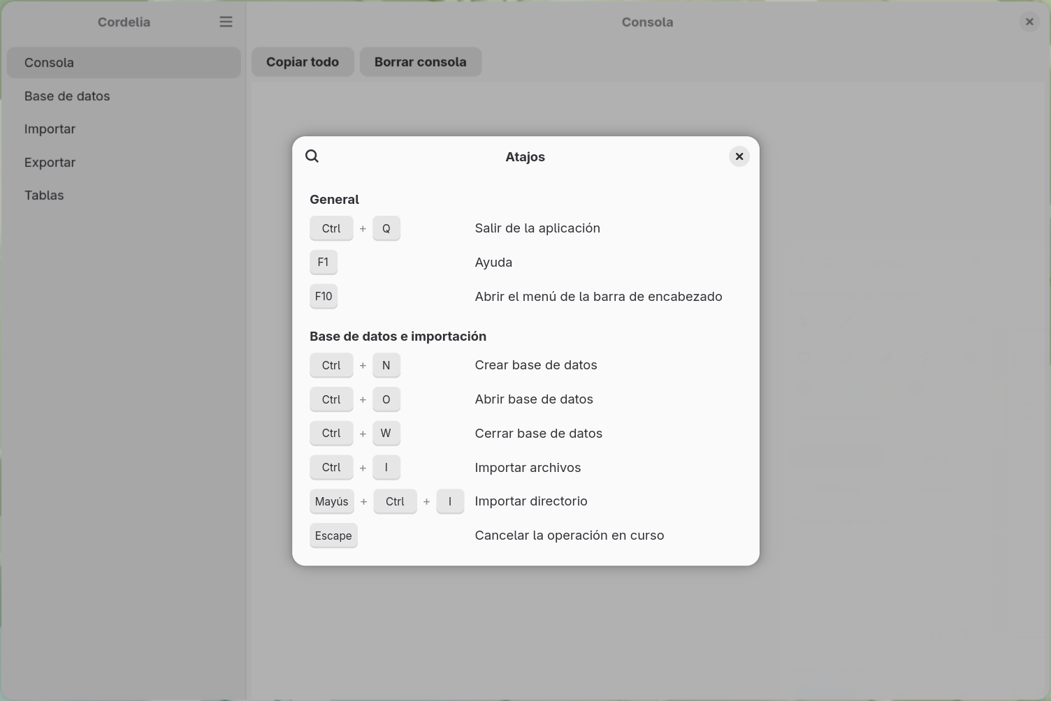 El cuadro de diálogo Atajos de teclado, con los atajos generales (salir, ayuda, menú de
        la barra de encabezado) y los de base de datos e importación (crear, abrir, cerrar,
        importar archivos, importar directorio, cancelar).