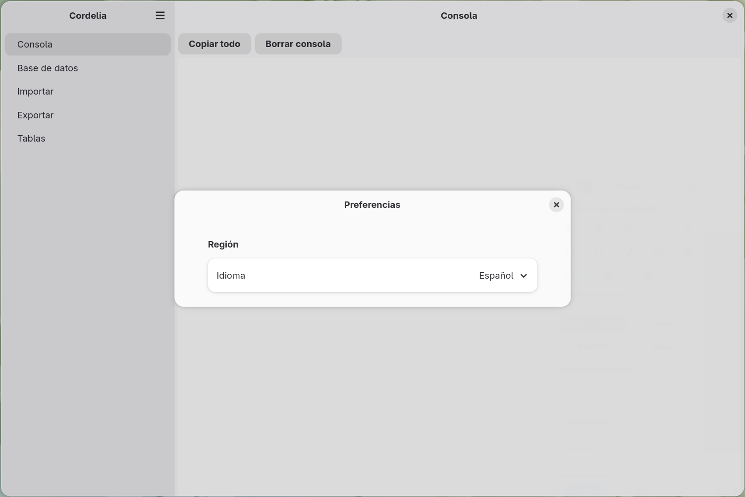 El cuadro de diálogo Preferencias, con una sección Región y un menú desplegable de
        idioma configurado en inglés.