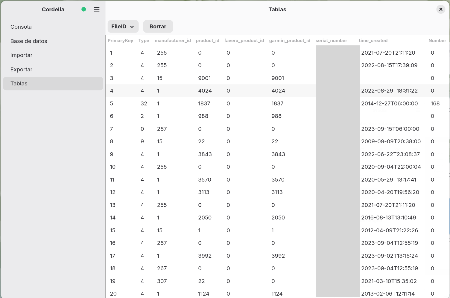 La tabla FileID mostrada en el panel Tablas, con columnas como PrimaryKey, Type,
        manufacturer_id, serial_number y time_created.