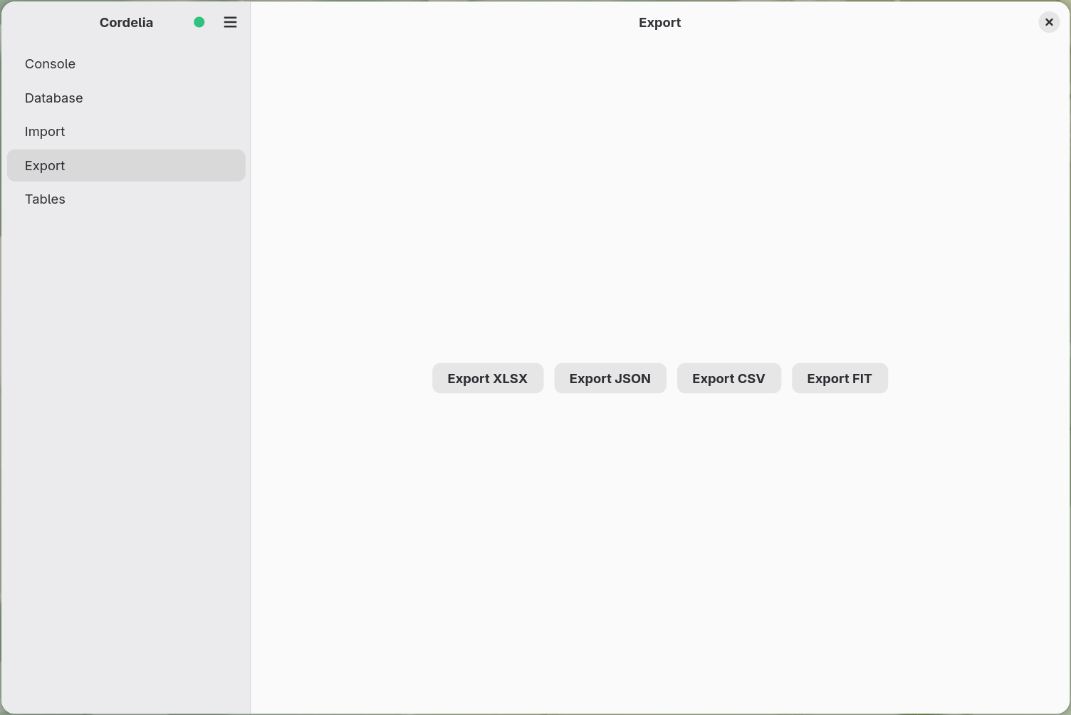 The Export panel showing Export XLSX, Export JSON, Export CSV, and Export FIT buttons.