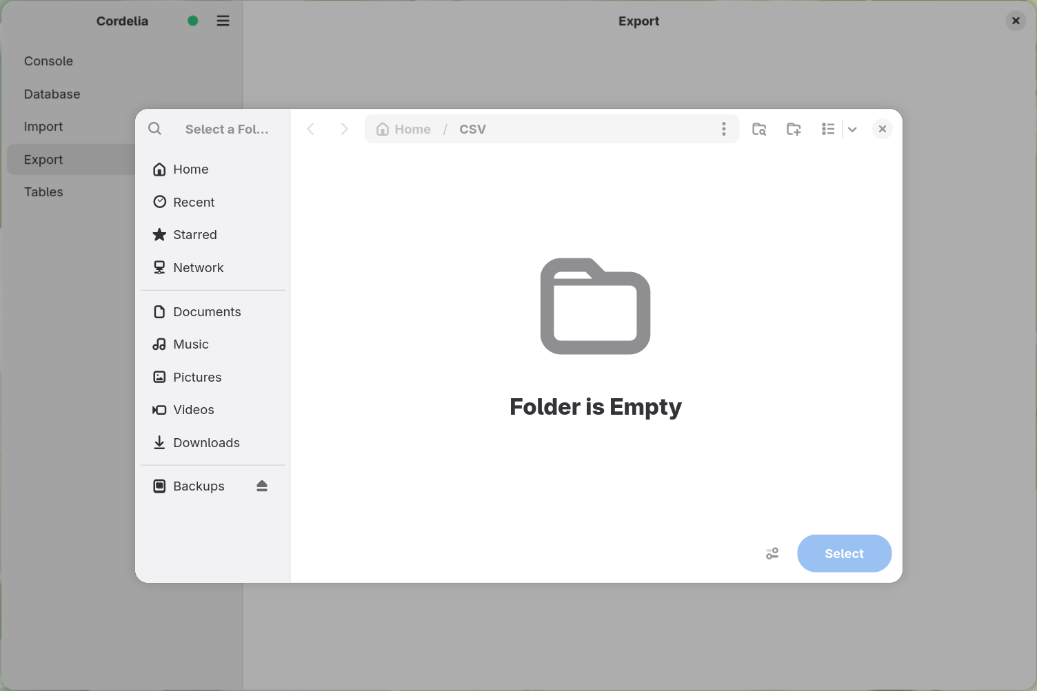 A folder-picker dialog for a CSV Export destination folder.