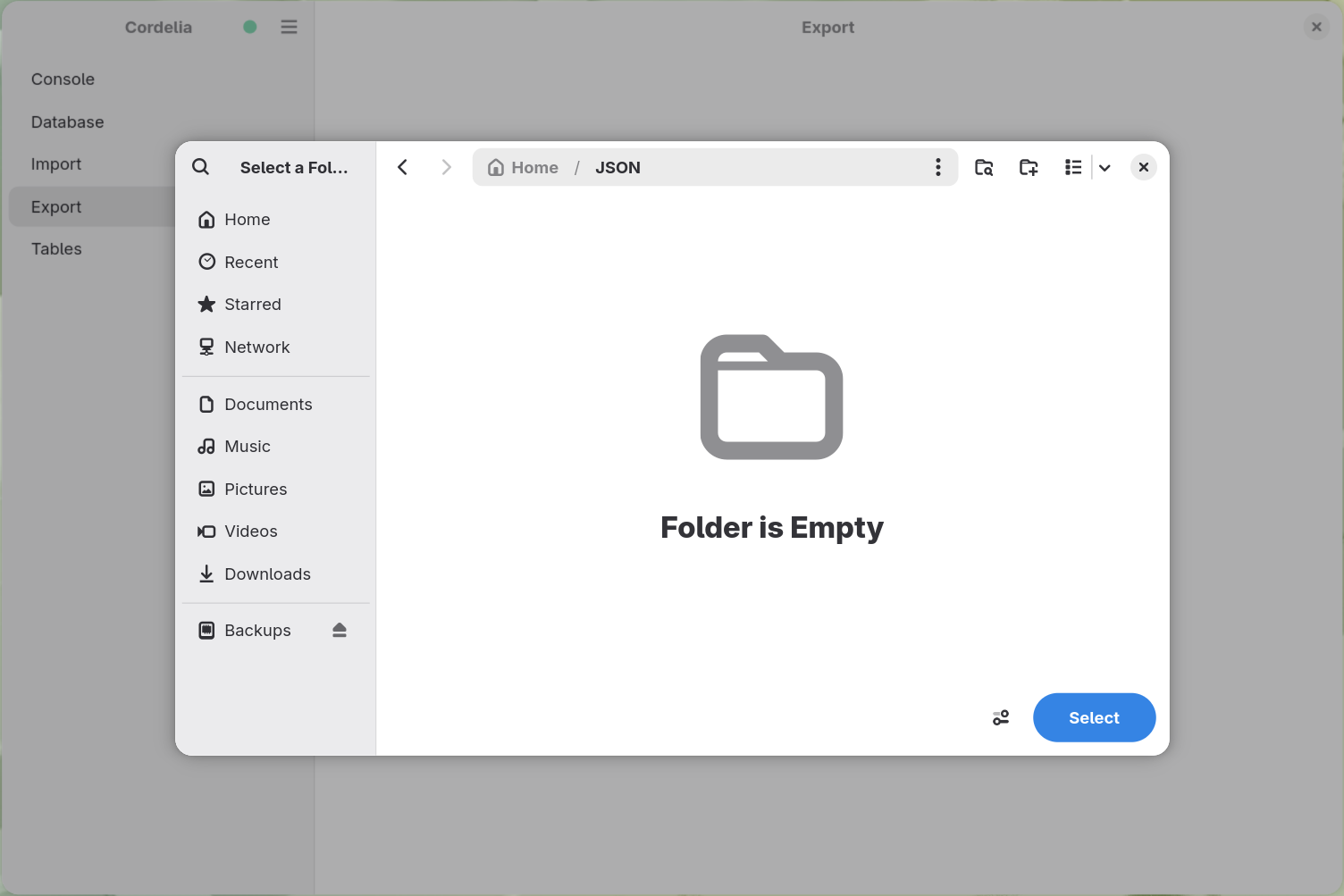 A folder-picker dialog for a JSON Export destination folder.