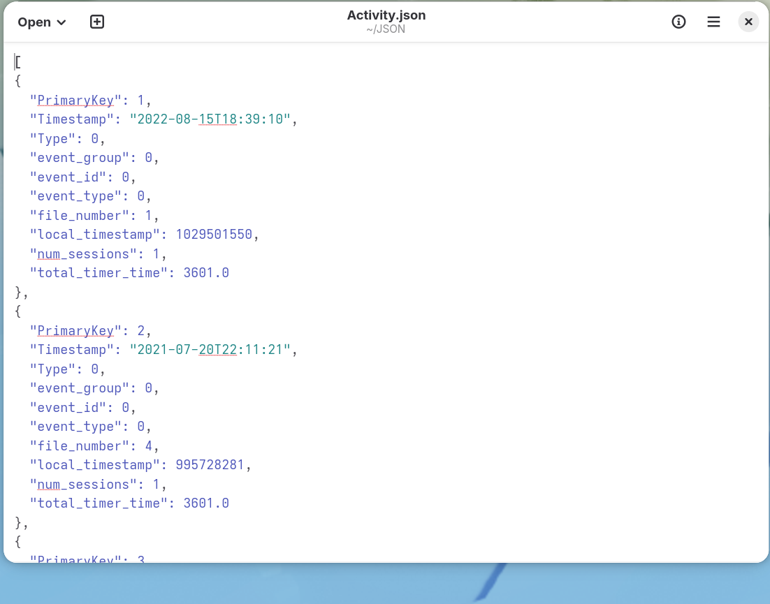 Activity.json opened in a text editor, showing an array of objects with fields like
      PrimaryKey, Timestamp, and total_timer_time.