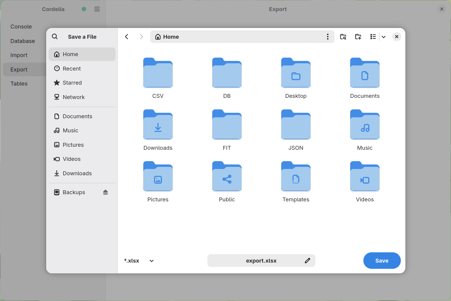 A save-file dialog set to the .xlsx extension, naming a new file export.xlsx.