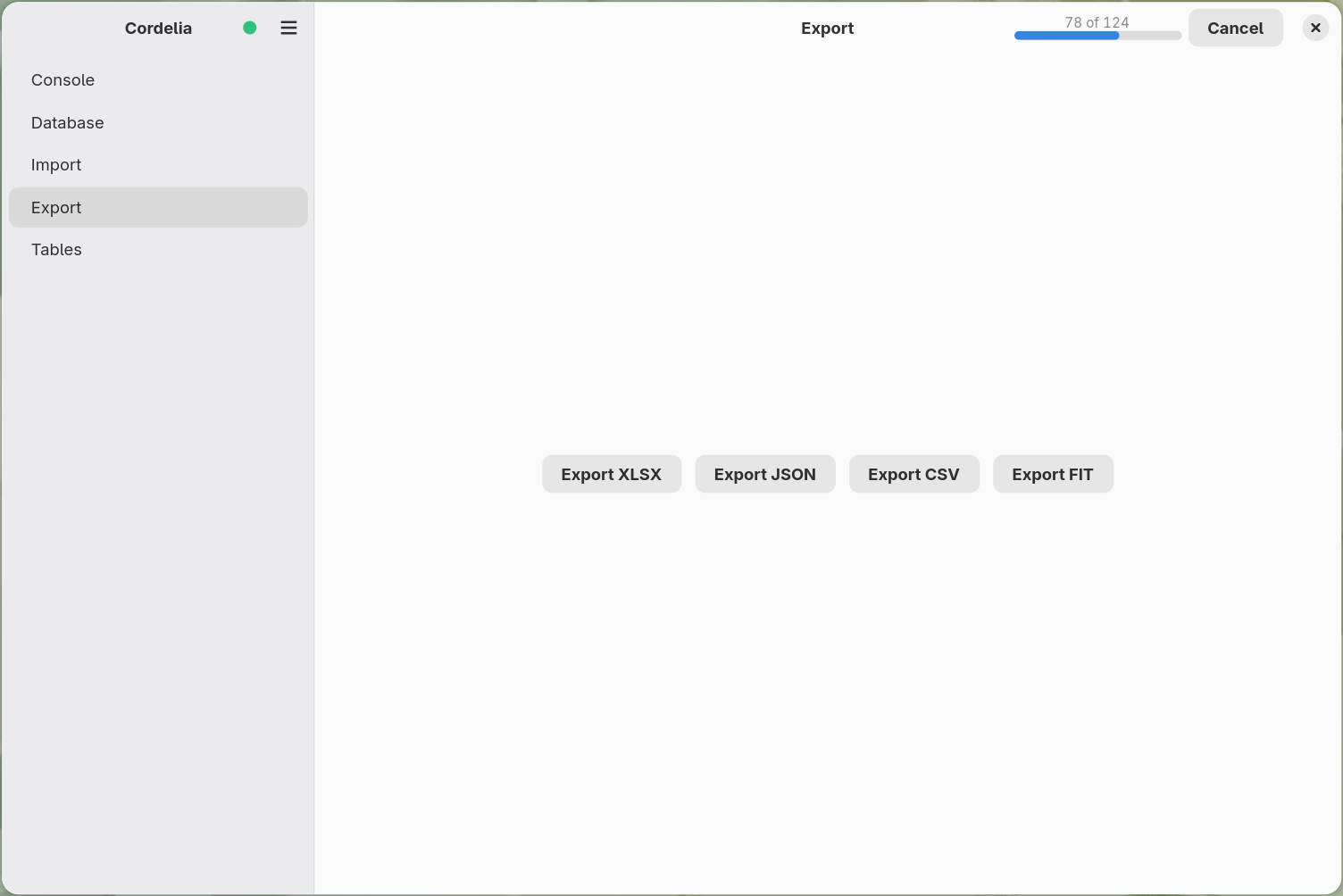 The Export panel mid-operation, showing a progress bar in the header.