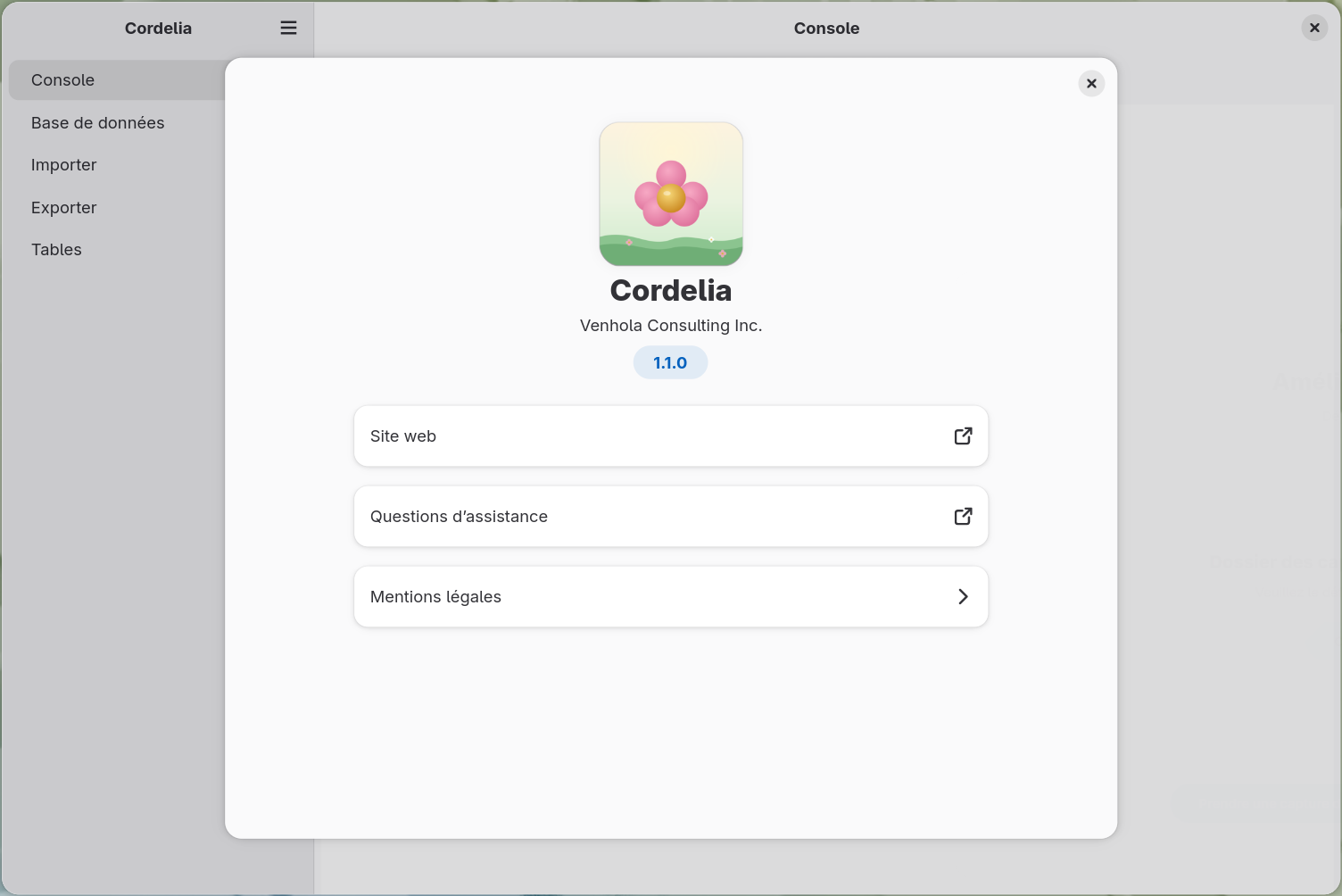 La boîte de dialogue À propos de Cordelia, montrant l'icône de Cordelia, le nom de
        l'application, l'éditeur, le numéro de version, ainsi que les lignes Site web, Questions
        d'assistance et Mentions légales.