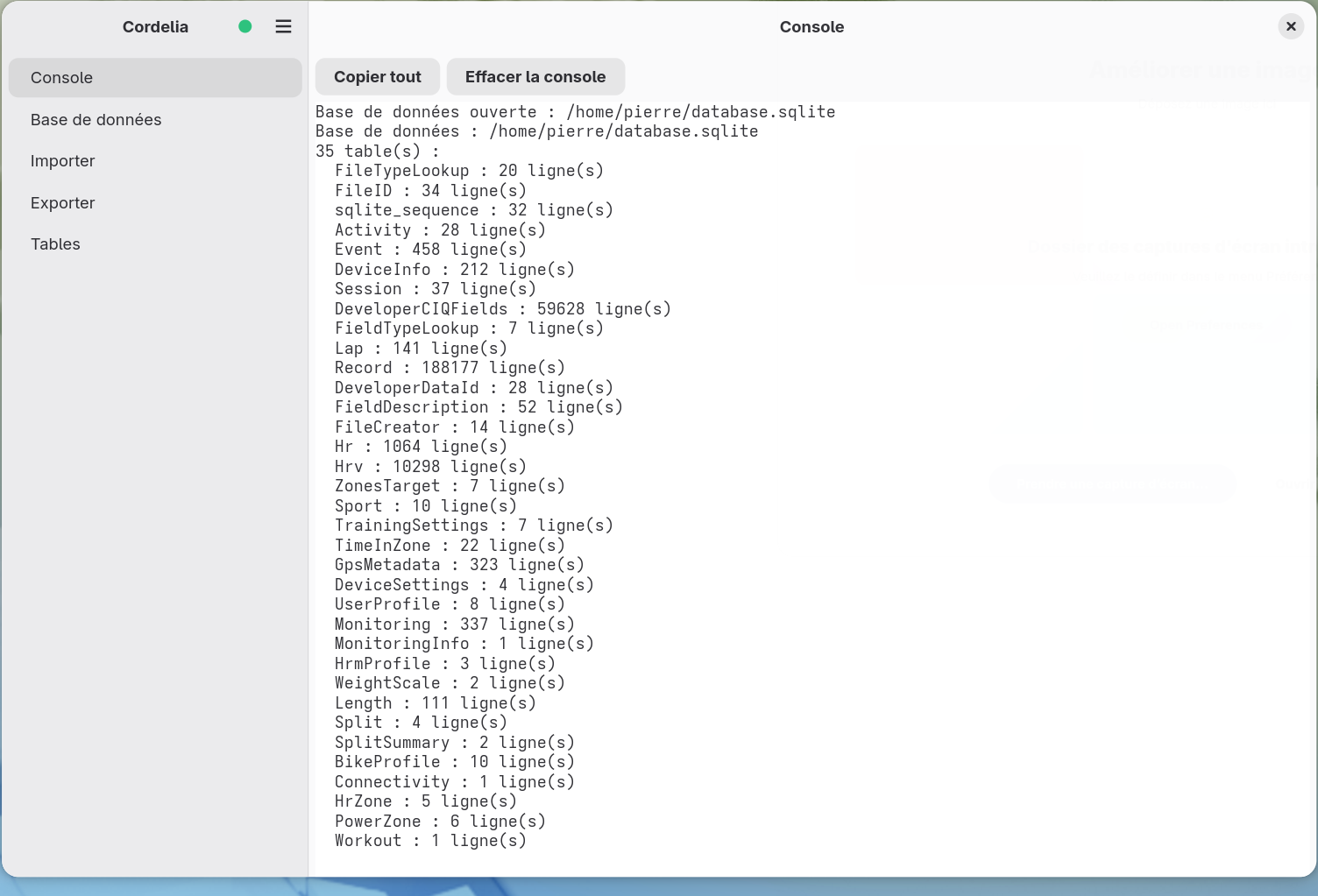 Sortie de la console listant les 35 tables d'une base de données Cordelia et leur nombre de
        lignes, de FileTypeLookup jusqu'à Workout.