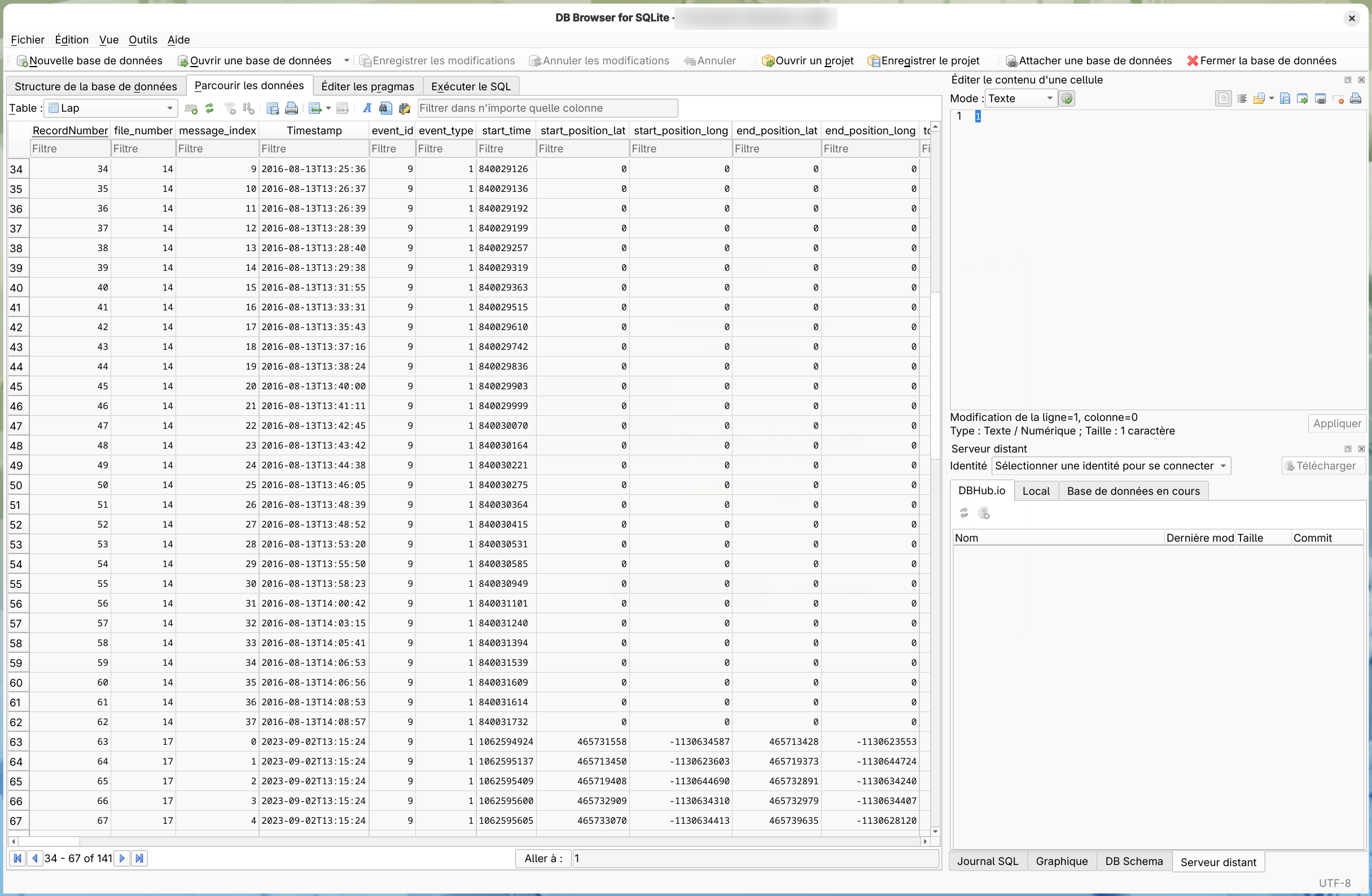 DB Browser for SQLite ouvert sur une base de données Cordelia, parcourant la table
      Activity avec la cellule total_timer_time d'une ligne sélectionnée ouverte pour modification
      dans le panneau Edit Database Cell. Capture d'un outil tiers; ne dépend pas de la langue de
      Cordelia.