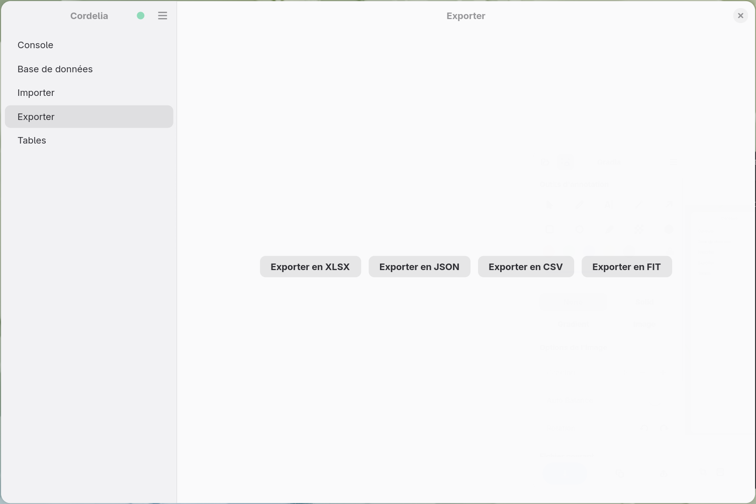 Le panneau Exporter avec les boutons Exporter en XLSX, Exporter en JSON, Exporter en
        CSV et Exporter en FIT.