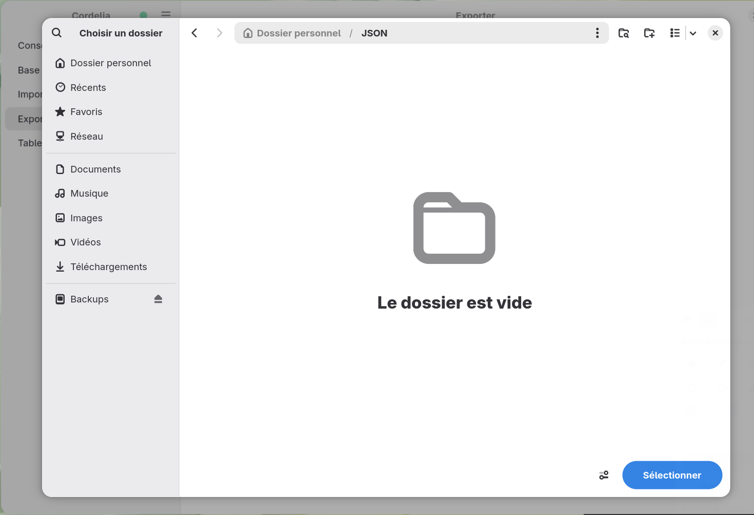 Une boîte de dialogue de sélection de dossier pour la destination de l'export JSON.
