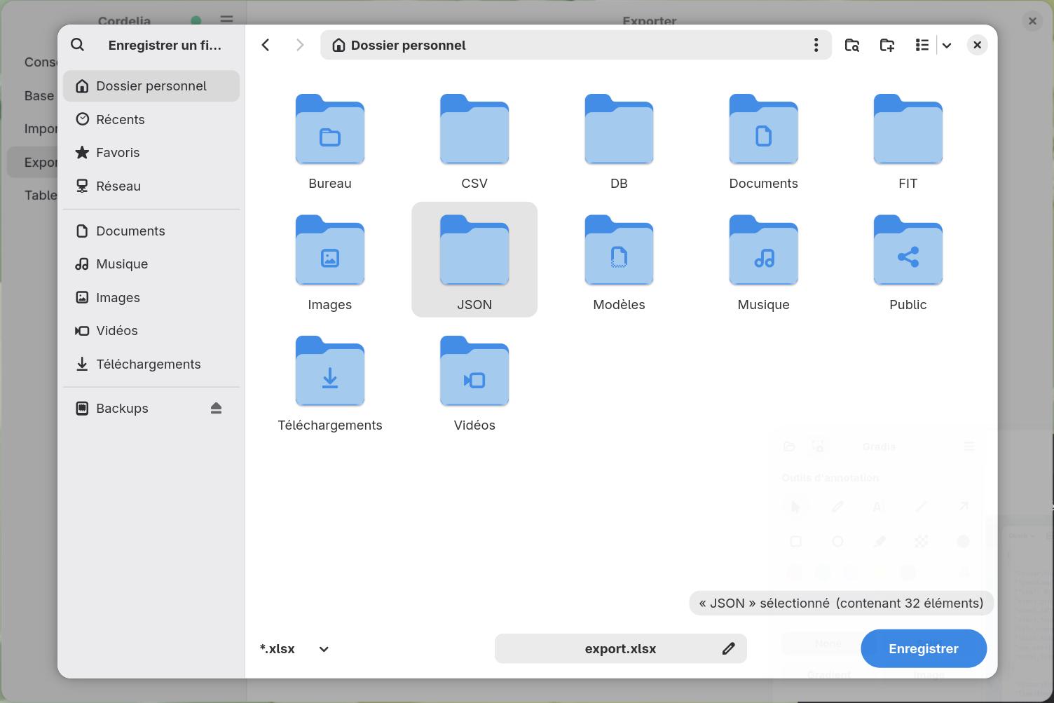 Une boîte de dialogue d'enregistrement réglée sur l'extension .xlsx, nommant un
        nouveau fichier export.xlsx.