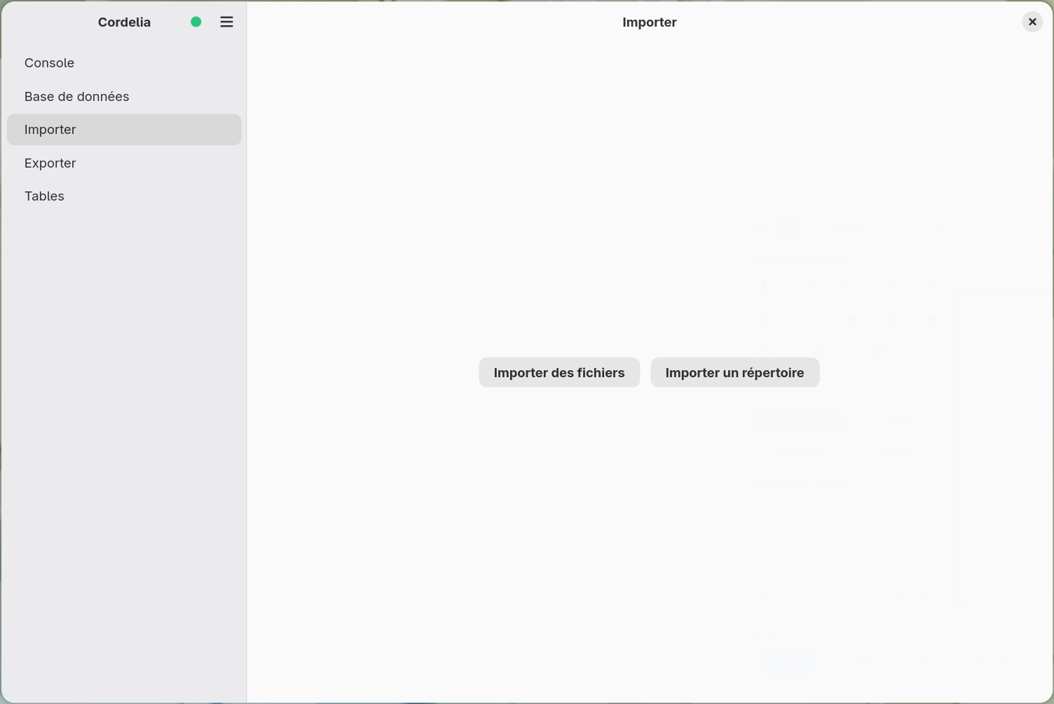 Le panneau Importer avec les boutons Importer des fichiers et Importer un répertoire.