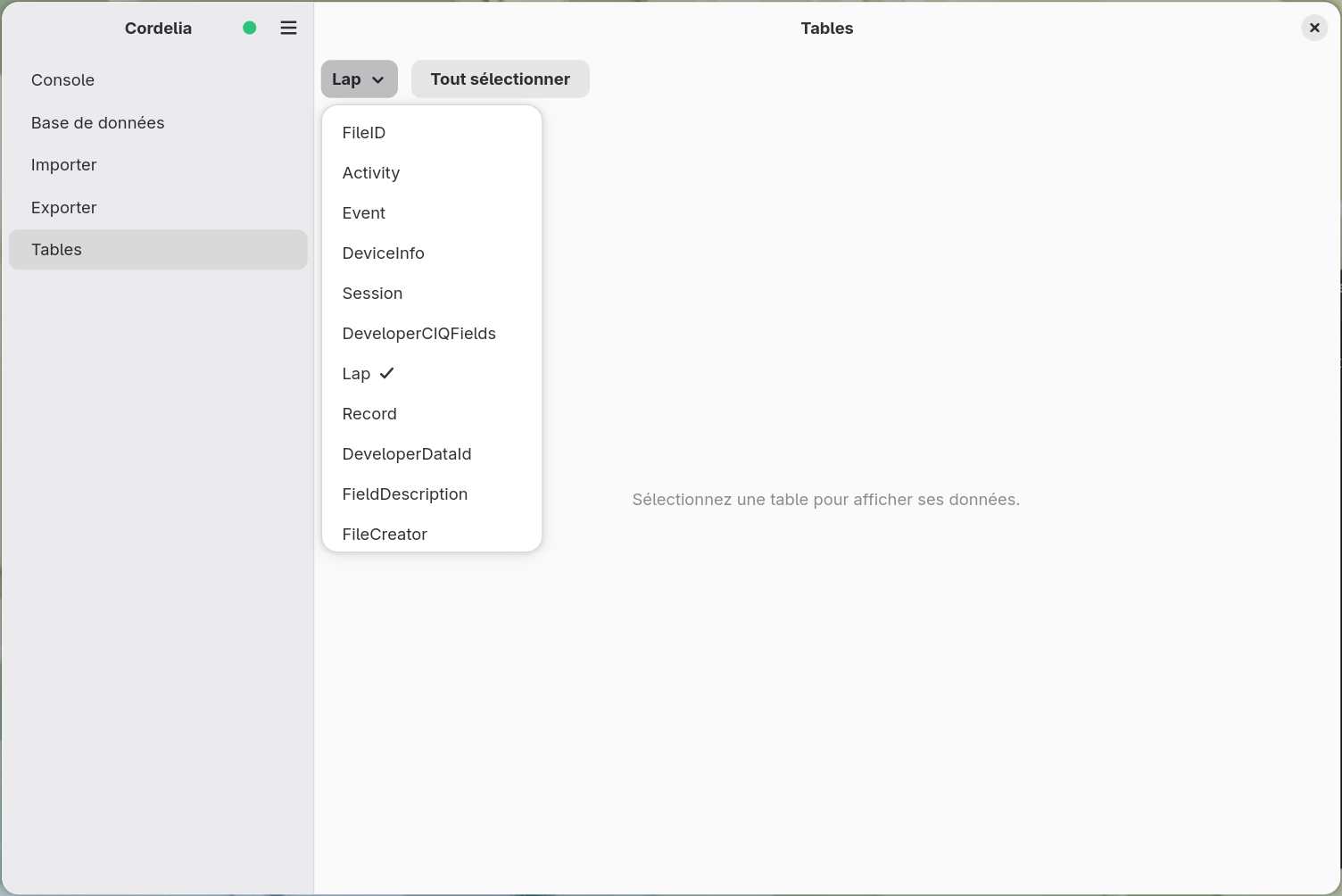 Le menu déroulant de sélection des tables ouvert, listant des tables comme FileID, Activity,
        Event, DeviceInfo et Session. Le panneau derrière invite toujours à sélectionner une
        table.