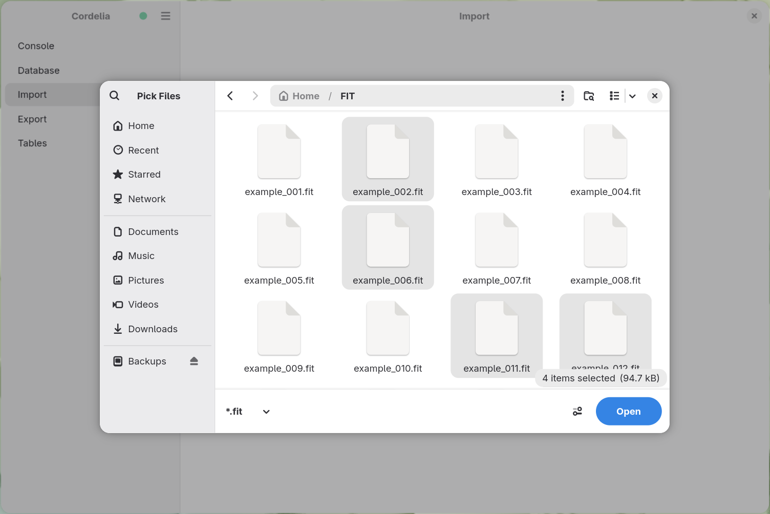 A file-picker dialog filtered to *.fit files, with four files selected in a FIT
        folder.