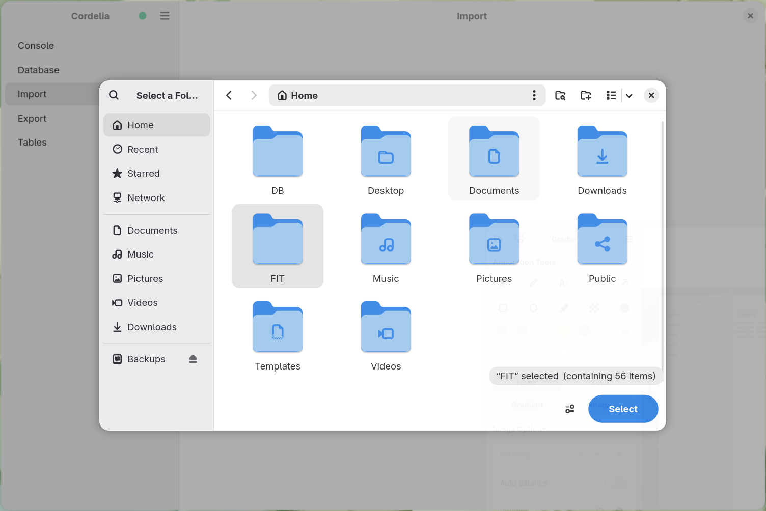 A folder-picker dialog with a FIT folder selected, showing it contains 56 items.