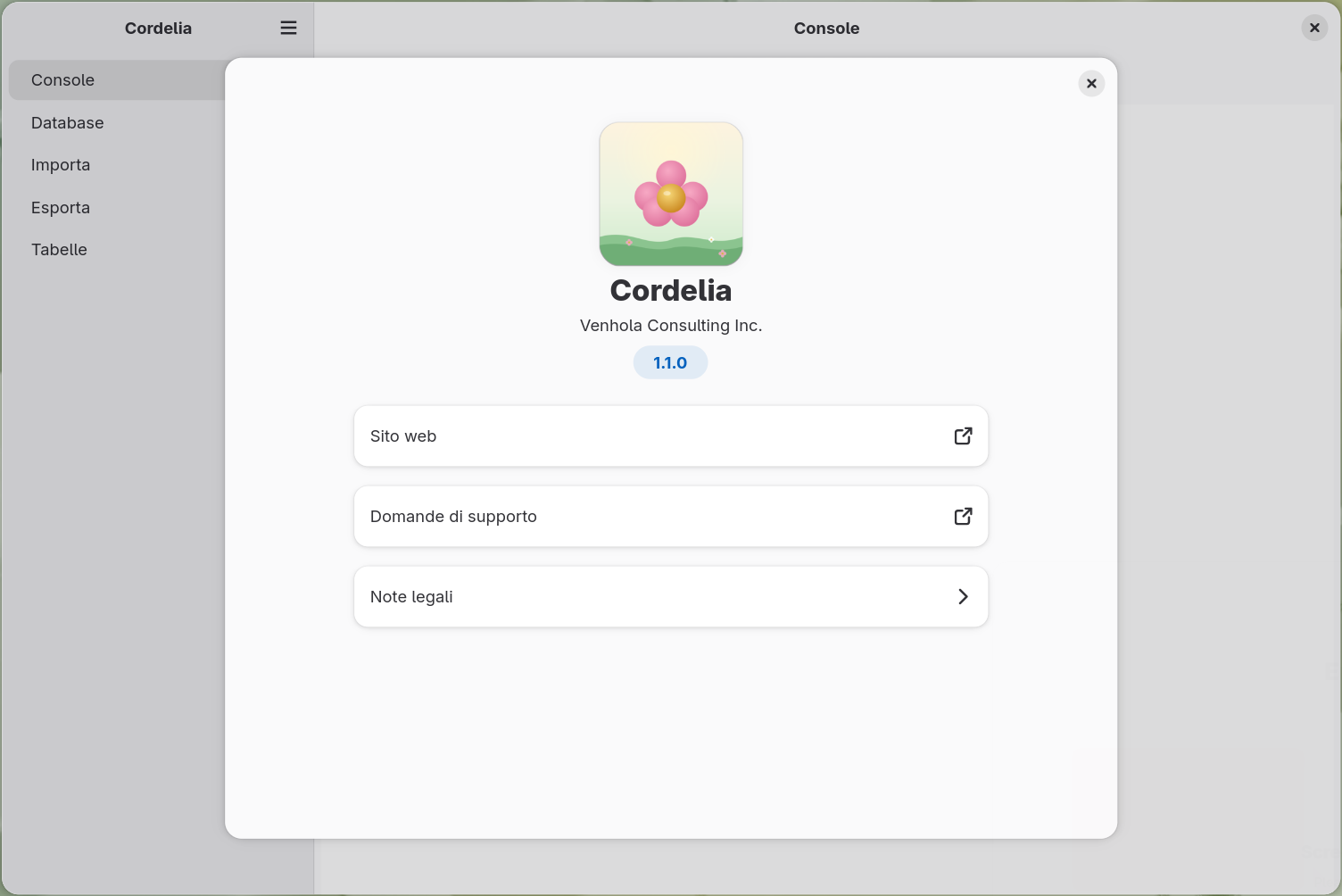 La finestra di dialogo Informazioni su Cordelia, che mostra l'icona di Cordelia, il
        nome dell'applicazione, l'editore, il numero di versione e le righe Sito web, Domande di
        supporto e Note legali.
