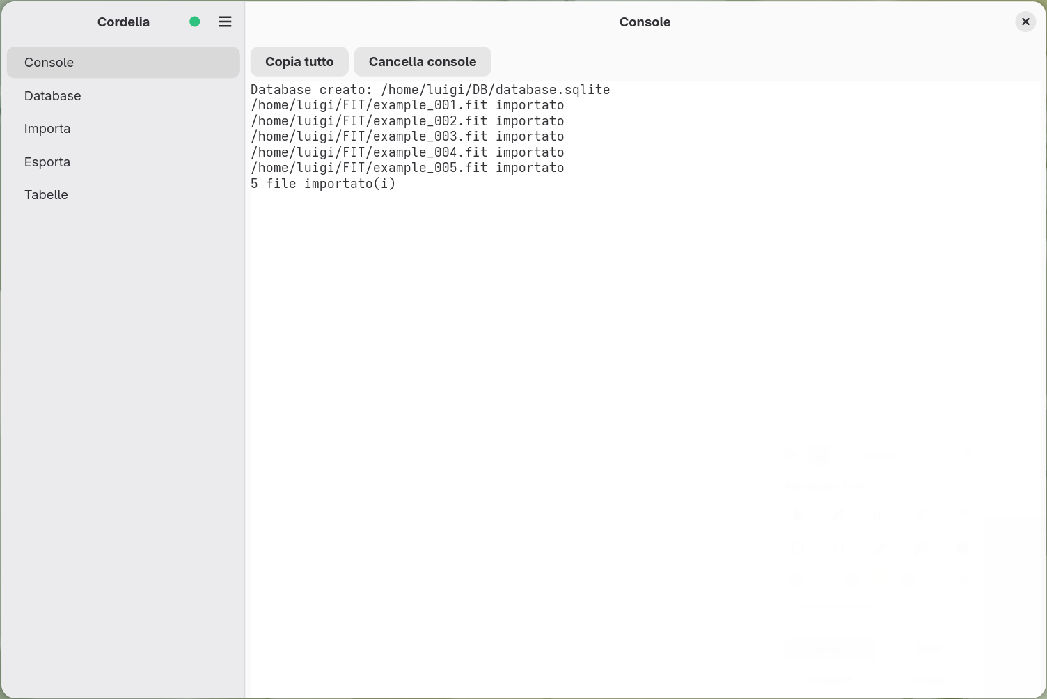 Il pannello della console di Cordelia dopo un'importazione riuscita, con l'elenco di
        ogni file importato e un riepilogo finale del numero di file, con i pulsanti Copia tutto e
        Cancella console sopra il registro.