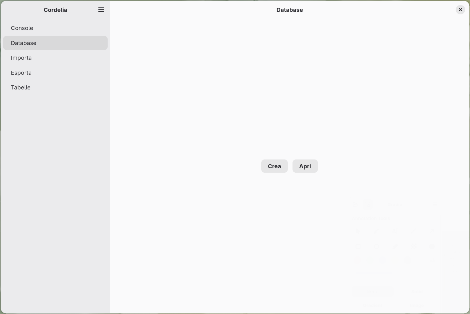 Il pannello Database senza alcun database aperto, con i pulsanti Crea e Apri.