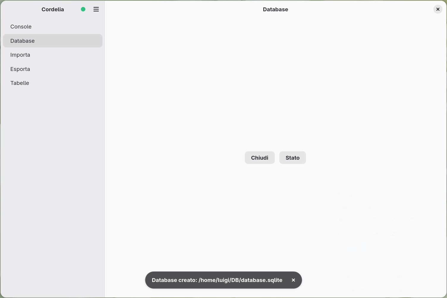 Il pannello Database dopo la creazione, che mostra ora un indicatore verde di
        database aperto accanto al nome dell'applicazione e i pulsanti Chiudi/Stato al posto di
        Crea/Apri.